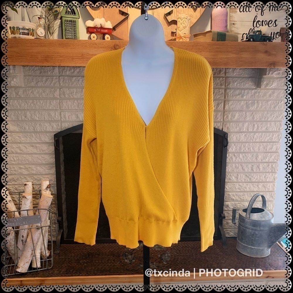 ELODIE Gold Color Faux Wraparound Ribbed Sweater